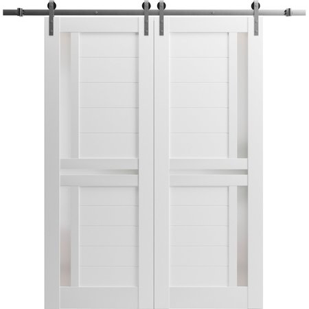 SARTODOORS Sturdy Dbl Barn Door 56 x 84in W/, White Silk W/ Frosted Glass, SS 13FT Rail Hangers Heavy Set VEREGIO7288DB-S-WS-5684